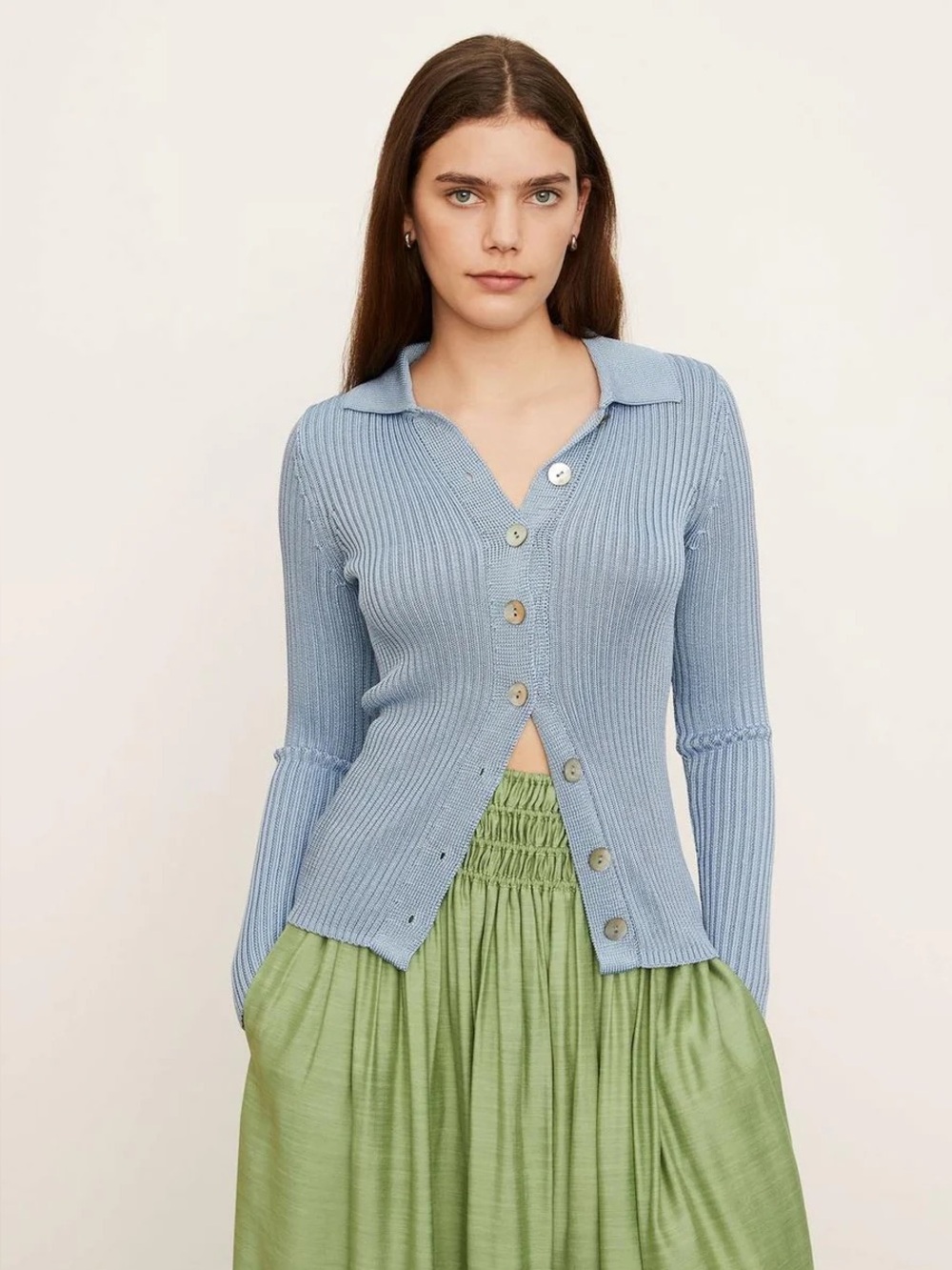 Vince Ribbed Collared Cardigan in Riviera - Picture 6 of 8